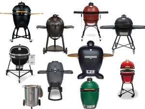 A variety of kamado-style smokers from top brands like Big Green Egg, Kamado Joe, Primo, Grilla, and Weber
